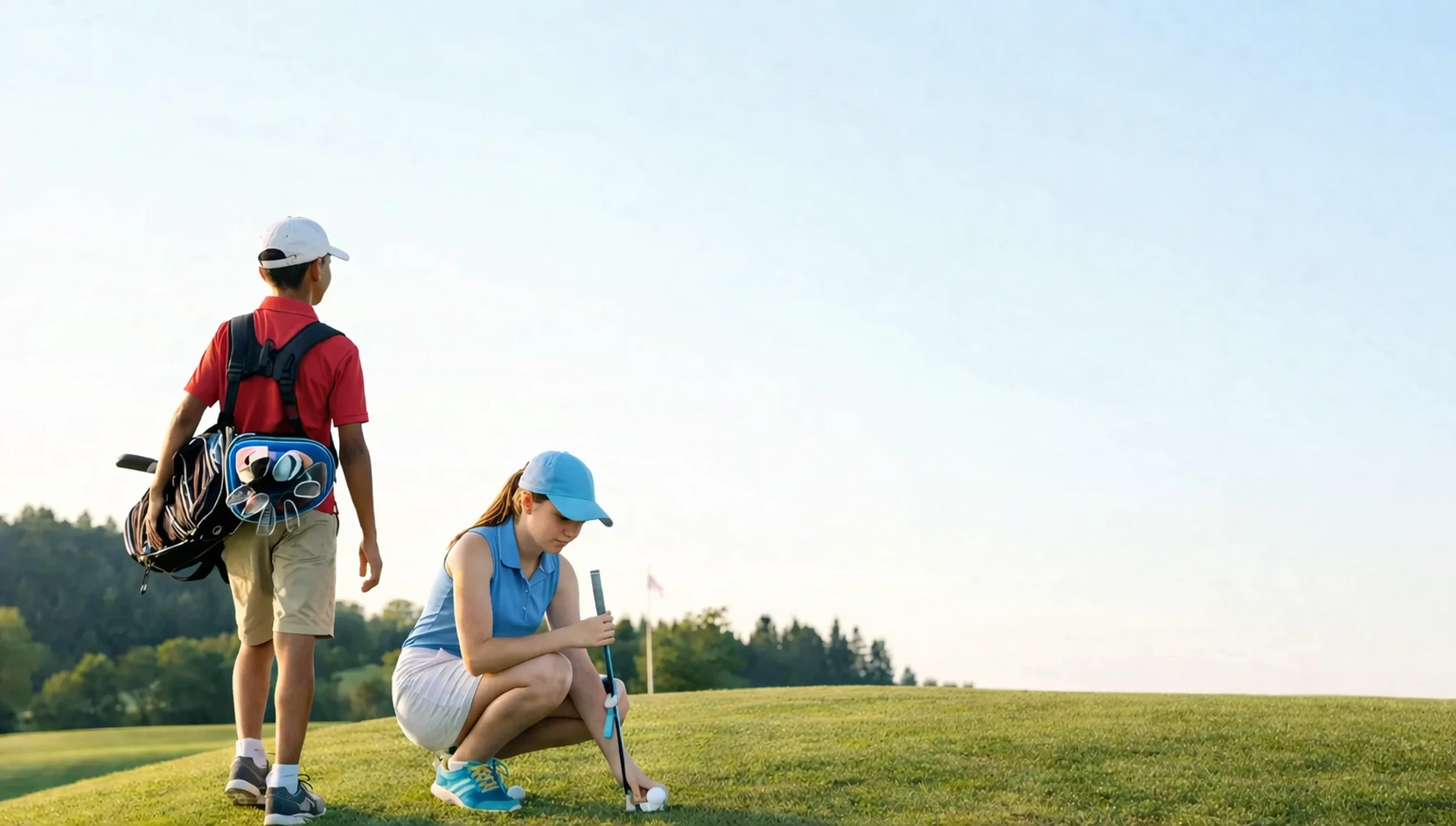 Two children playing golf on a sunny day at a golf course.
