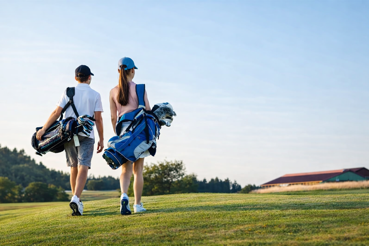 Two golfers walking on a green field carrying golf bags.